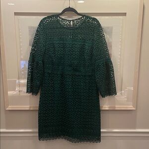 J. Crew Black Label Hunter Green Daisy Lace Floral Eyelet Bell Sleeve Dress